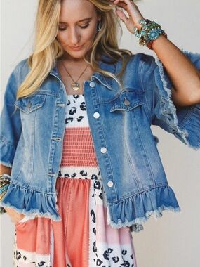Three Bird Nest Scottie Ruffle Denim Jacket S/M Cropped Boho Jean Jacket